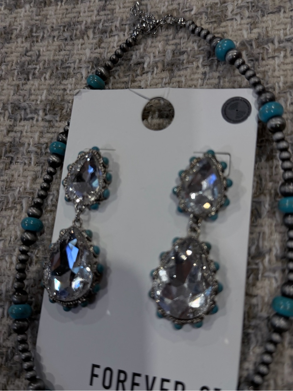 Forever 21 Silver Teardrop Crystal Drop Earrings with Turquoise Bead Accents
